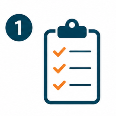 Icon of clipboard with three orange checkmarks and a circled number one to the left.