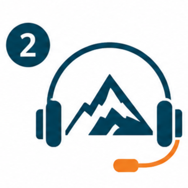 Headset with microphone surrounding a mountain icon and a number 2 in a circle.