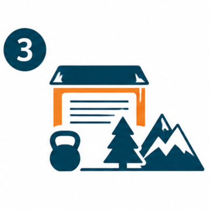 Number 3 inside a circle with icons of a box, kettlebell, pine tree, and mountain.
