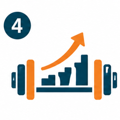 Barbell with an ascending bar chart above it and a number four in a circle at top left.
