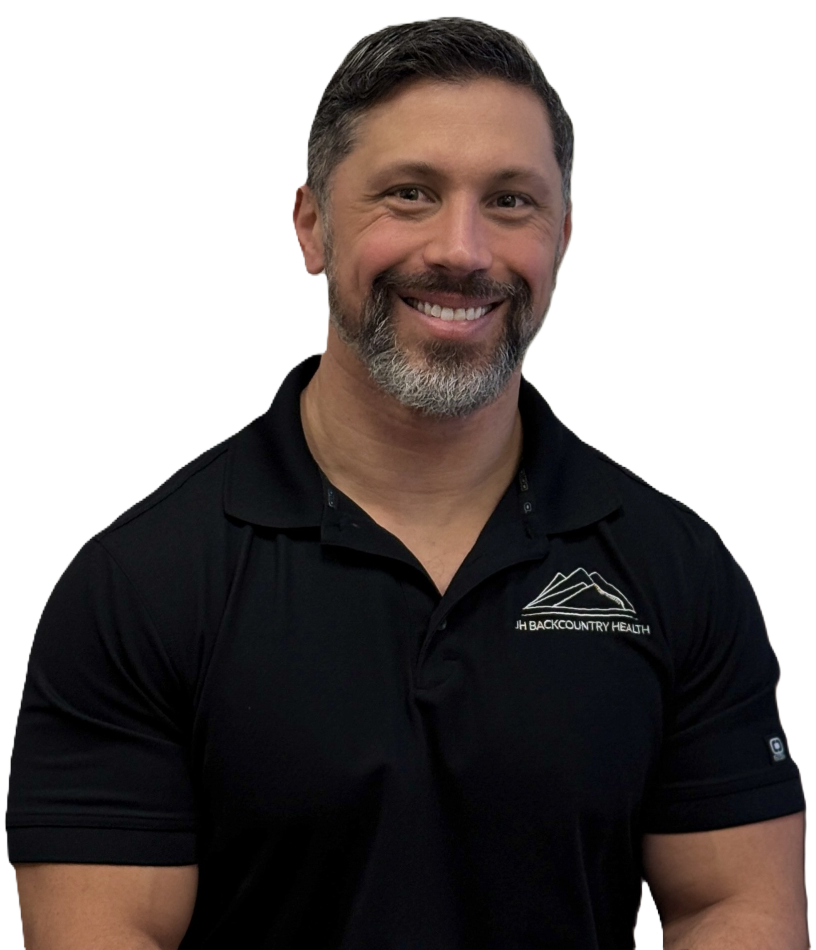 Smiling man with beard wearing black polo shirt with JH Backcountry Health logo.