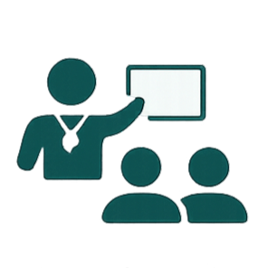 Icon of a person with a whistle giving a presentation to two people, symbolizing coach-led classes.