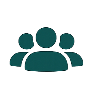 Simple icon showing three teal human figures representing a group or community.