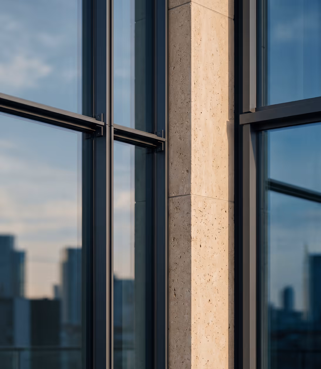 Close-up of a modern building corner with glass windows reflecting a city skyline at sunset.