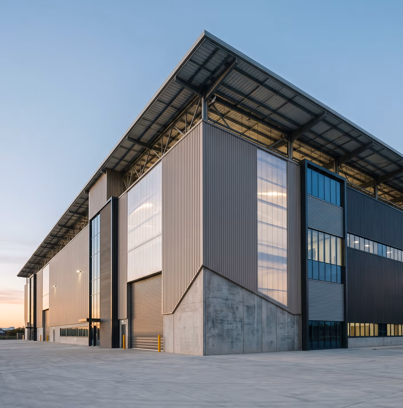 Modern industrial warehouse building with metal siding, large windows, and concrete base under clear sky.