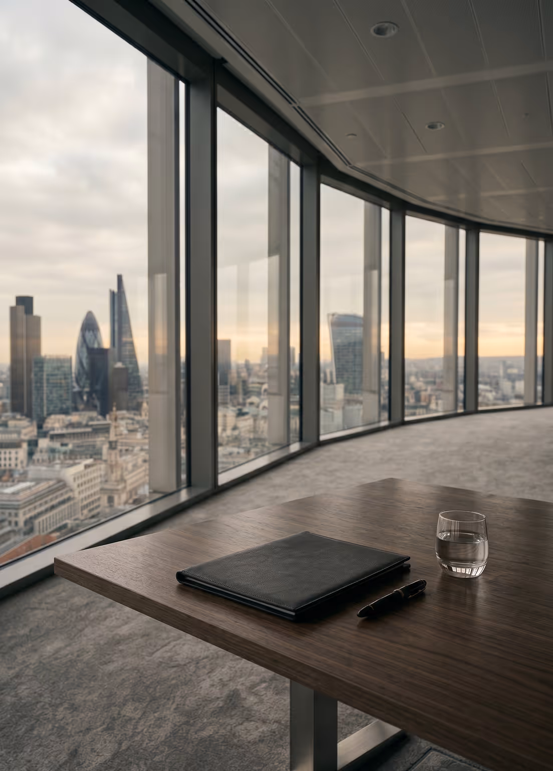 Office table with notebook, pen, glass of water by large window overlooking city skyline at sunset.