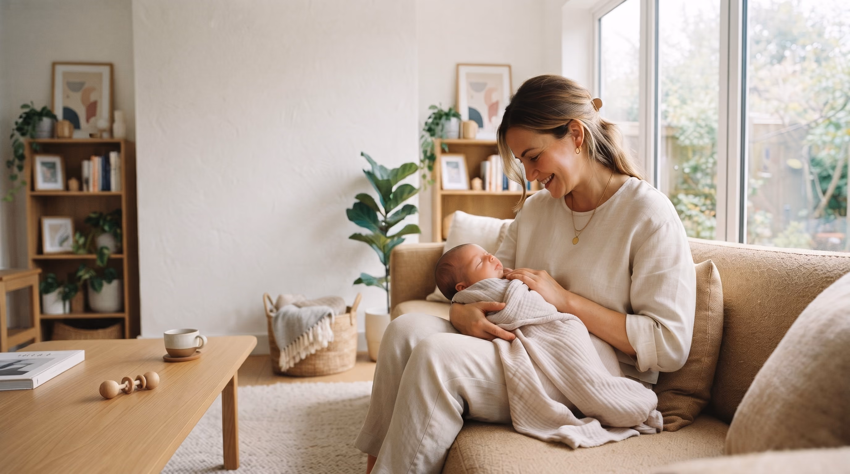 Smiling woman sitting on a sofa holding a sleeping newborn baby wrapped in a blanket.