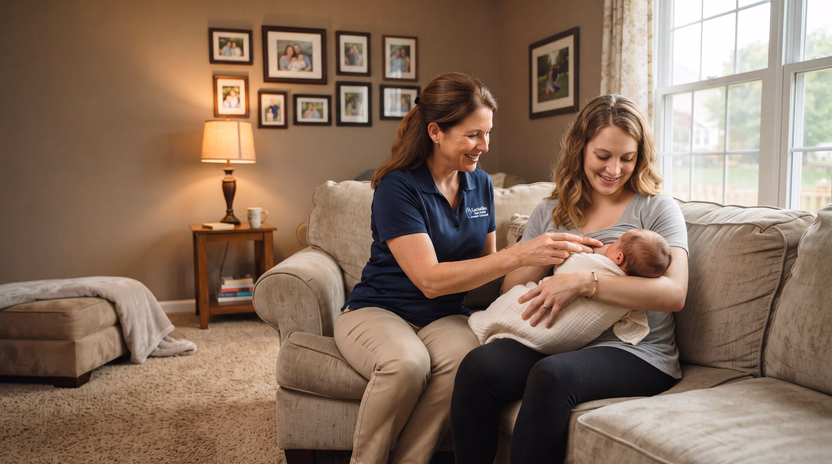 Consultant with navy shirt helping smiling mother feed baby wrapped in blanket on beige sofa.