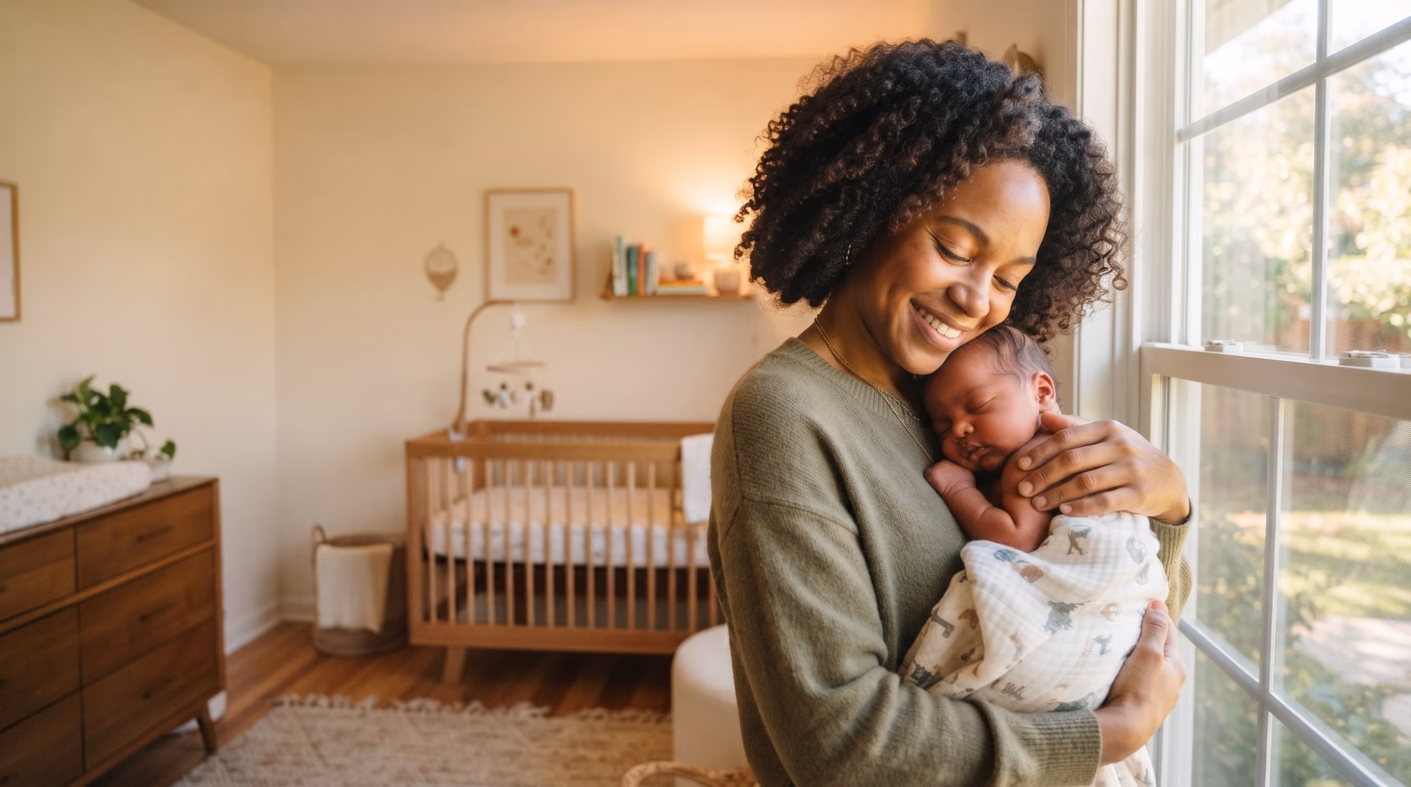 Smiling woman holding a sleeping newborn wrapped in a blanket by a window in a nursery.