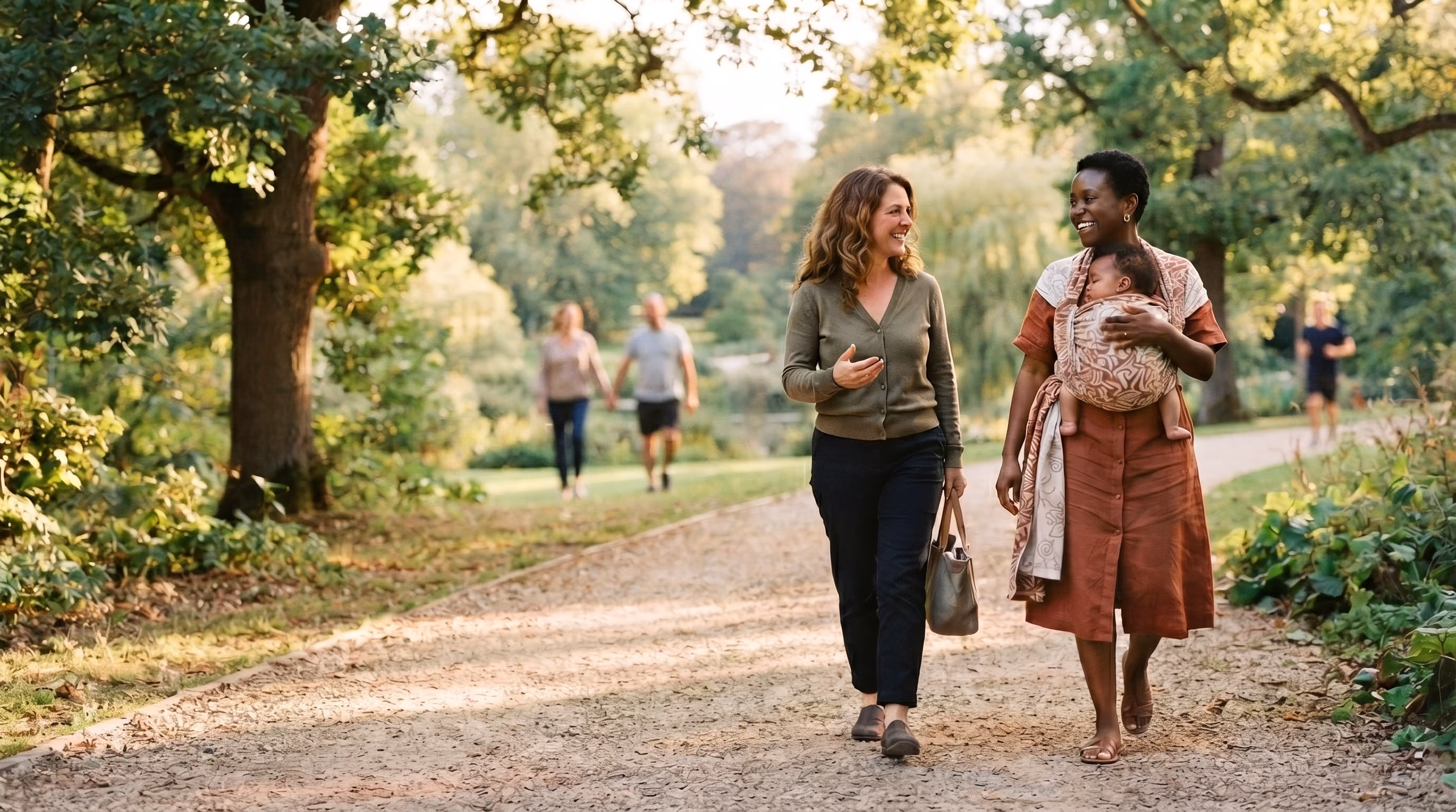 Two women walking on a park path, one carrying a baby in a sling, both smiling and talking.