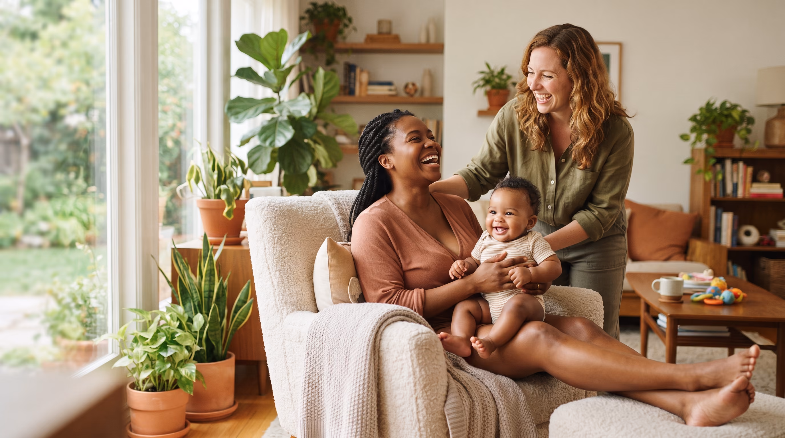 Smiling woman holding baby in armchair, another woman laughing beside them in a cozy living room.