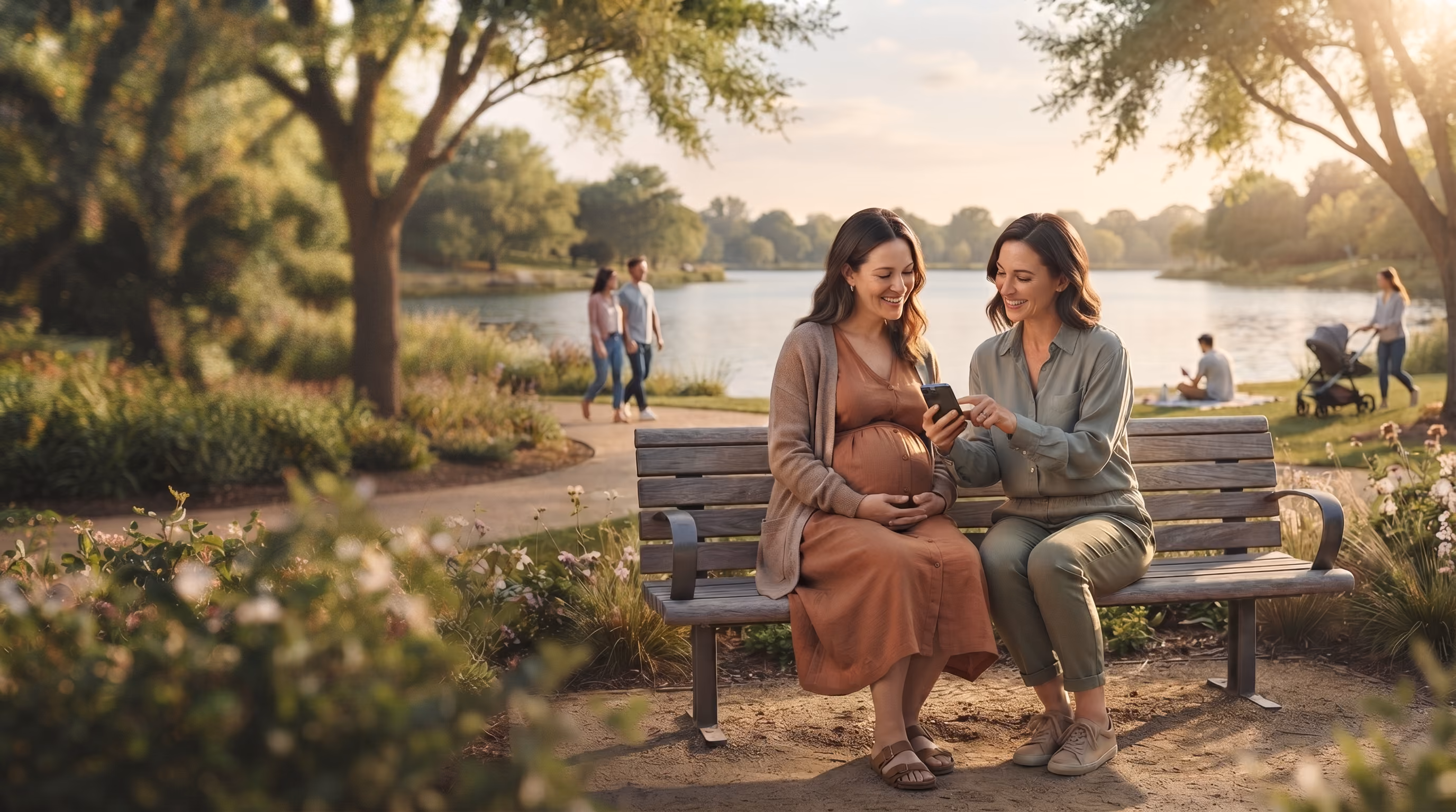 Pregnant woman and friend sitting on park bench, smiling and looking at a phone together.
