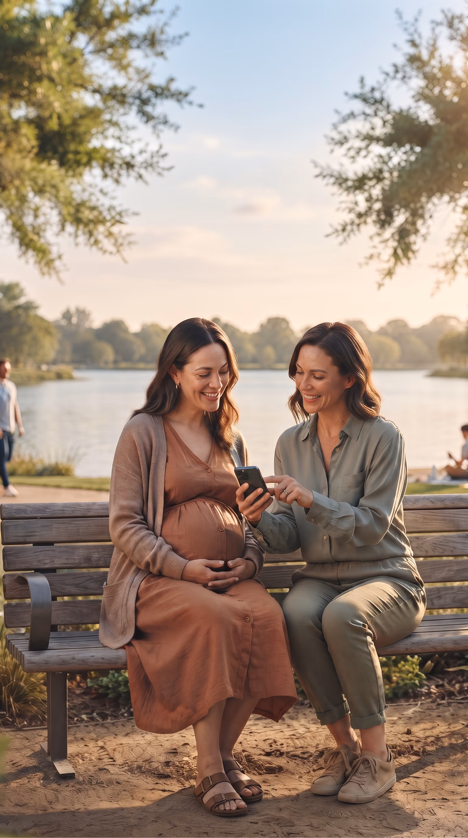 Pregnant woman and friend sitting on park bench, smiling and looking at a smartphone together.