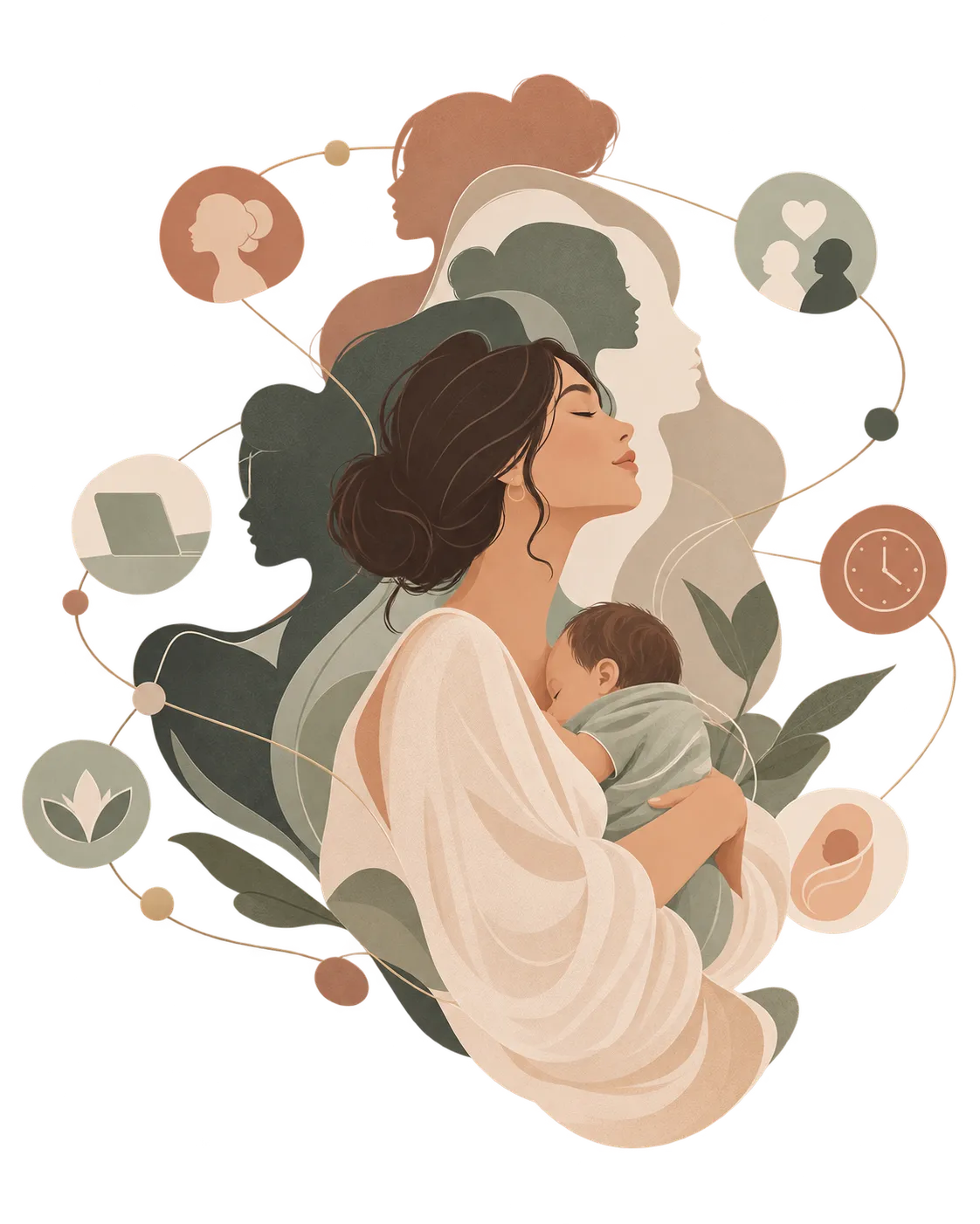 Illustration of a mother holding her baby, surrounded by silhouettes representing different aspects of her identity.