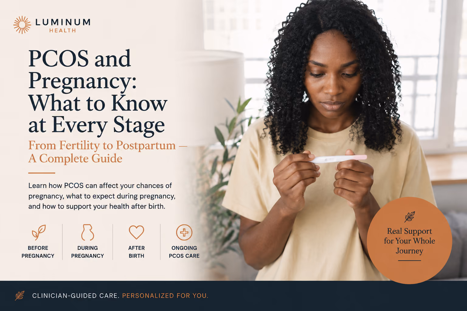 Woman looking at a pregnancy test while planning for pregnancy with PCOS