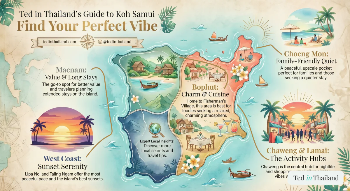 Illustrated guide map of Koh Samui showing the character of each main area to help you choose where to stay