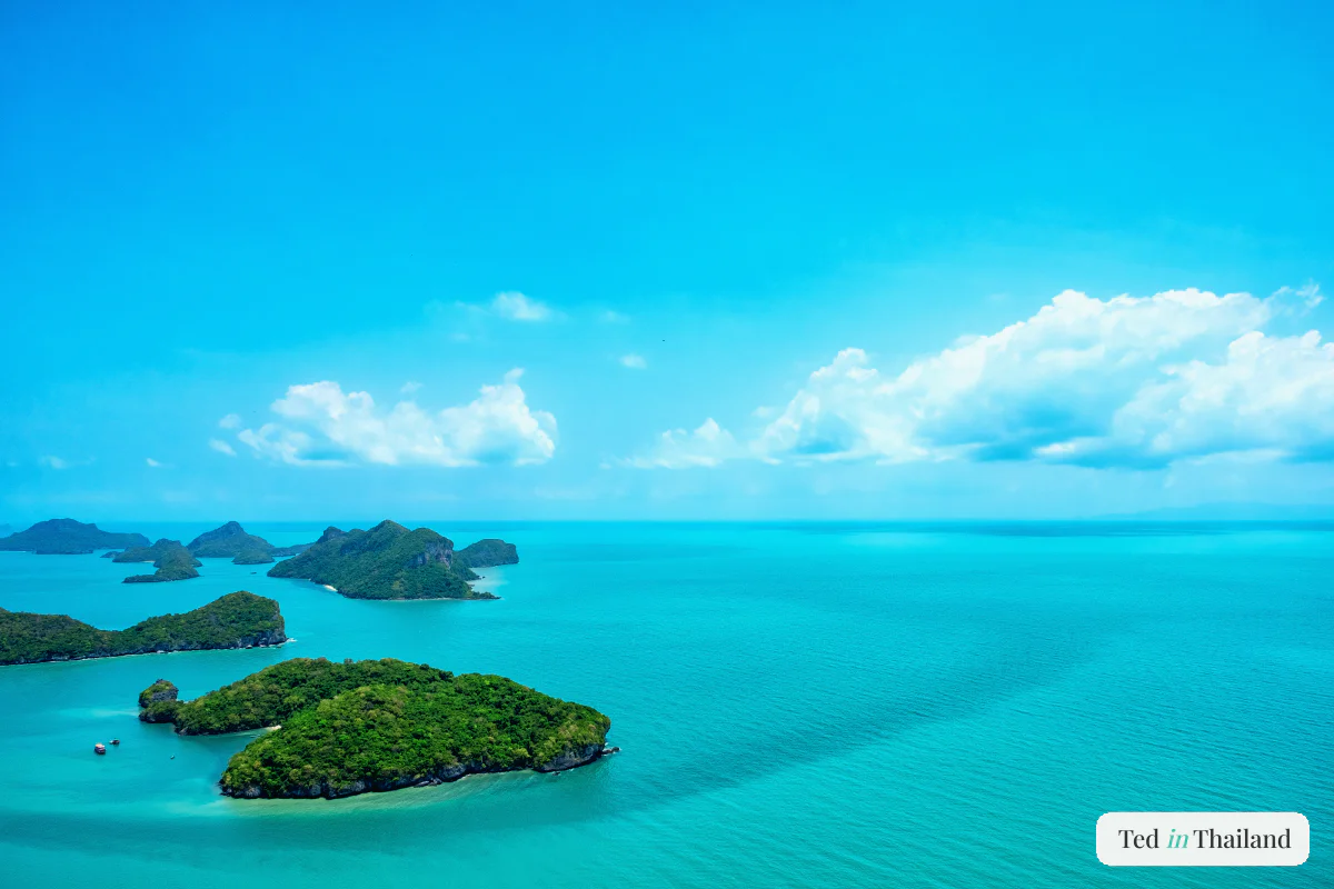 Turquoise water and jungle-covered limestone islands of Ang Thong National Marine Park near Koh Samui