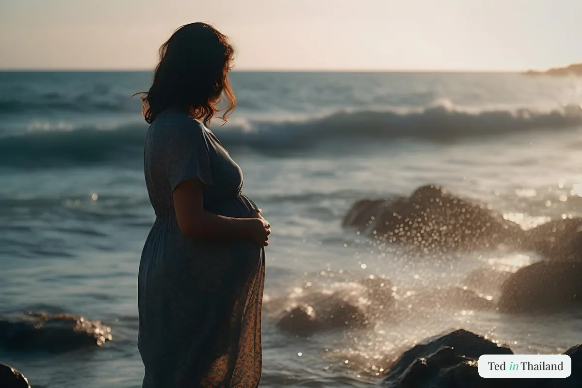 A pregnant traveler at the shoreline on a Koh Samui beach at golden hour, where Zika precautions matter most
