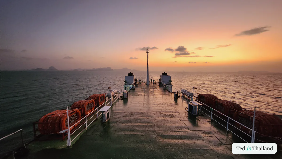 The open deck of the Donsak to Lipa Noi vehicle ferry at sunset, crossing to Koh Samui's west coast