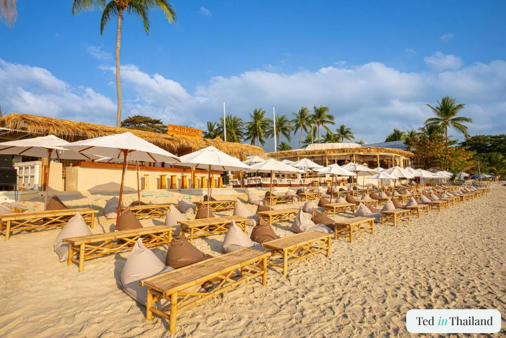 Bamboo daybeds and bean bags under white umbrellas at the Sand Deck beach club at Al's Resort on Chaweng Beach