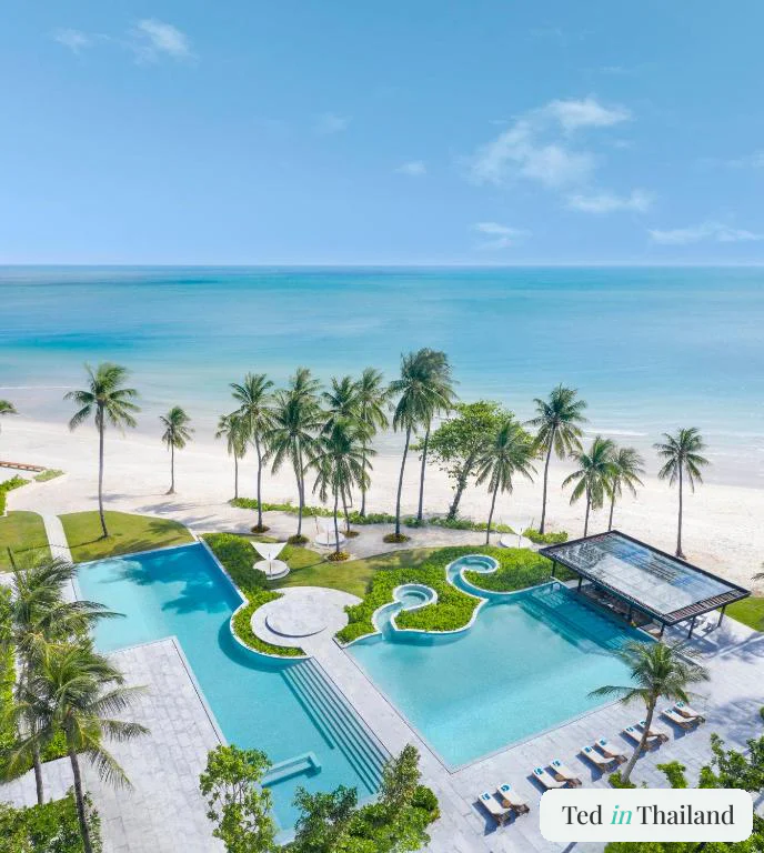Aerial view of the sculpted free-form pools and poolside pavilion at Centara Reserve Samui on Chaweng Beach