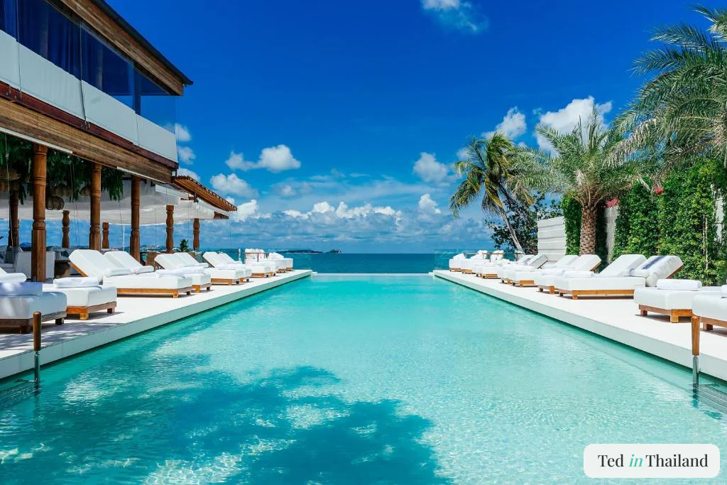White daybeds and teak loungers along the long infinity pool at Zazen Boutique Resort on Bophut Beach, Koh Samui