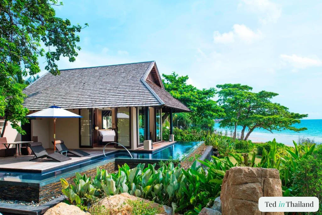 Shingle-roofed beachfront pool villa with private infinity pool and timber deck at Vana Belle on Chaweng Noi Beach