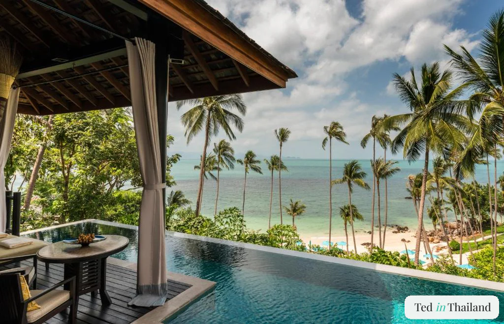 Private infinity pool and shaded dining sala of a villa at Four Seasons Resort Koh Samui overlooking the private beach