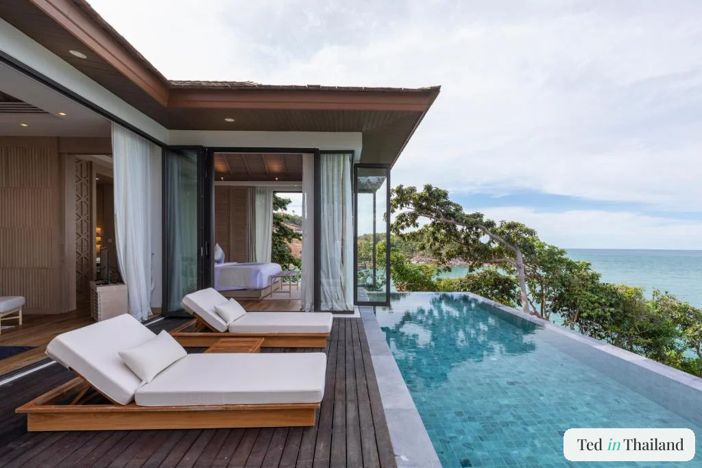 Private pool villa with timber sun deck and uninterrupted sea view at Cape Fahn Hotel, Koh Samui