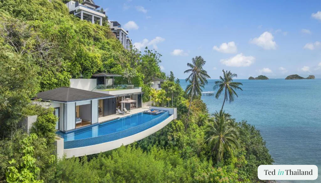 Clifftop pool villa at Conrad Koh Samui with a curved infinity pool facing the Five Islands