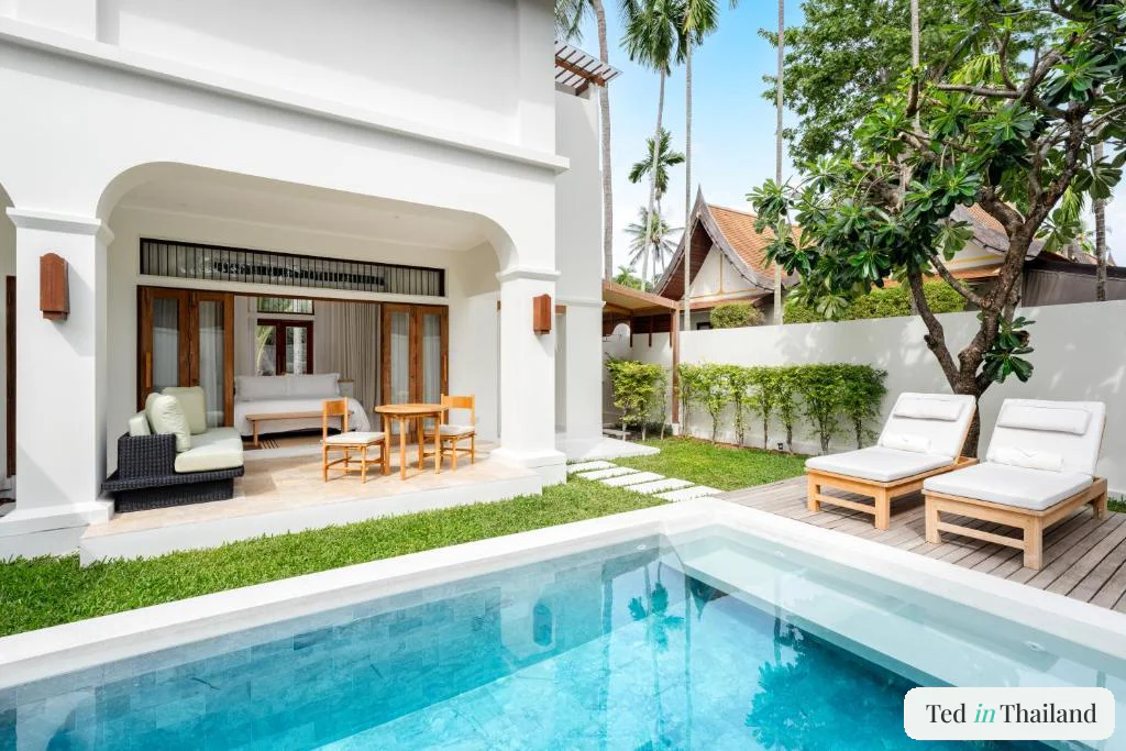 Whitewashed private pool villa with turquoise plunge pool and walled garden at SALA Samui, Koh Samui