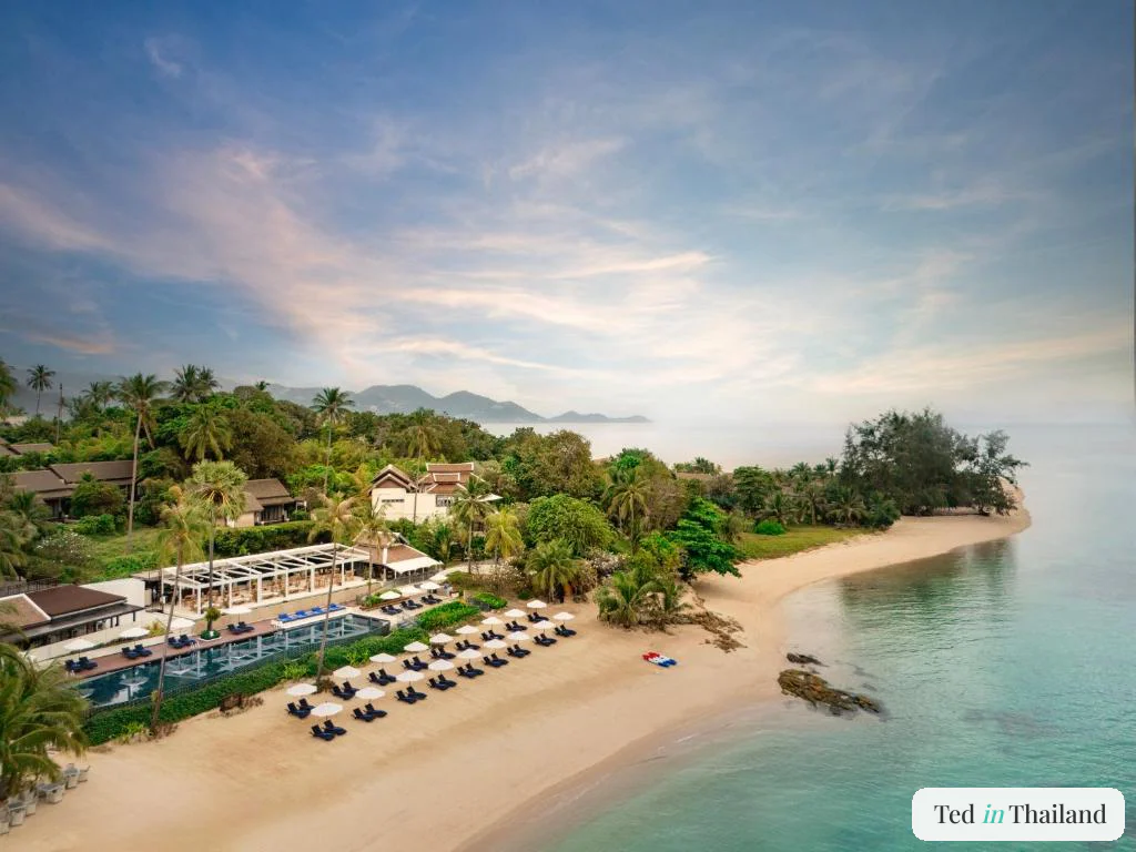 Aerial sunrise view of the beachfront pool and loungers at Anantara Lawana Koh Samui Resort