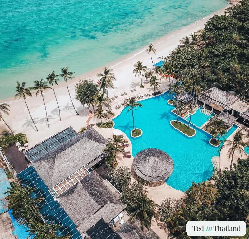 Aerial view of the beachfront pool at Melati Beach Resort near Choeng Mon, Koh Samui