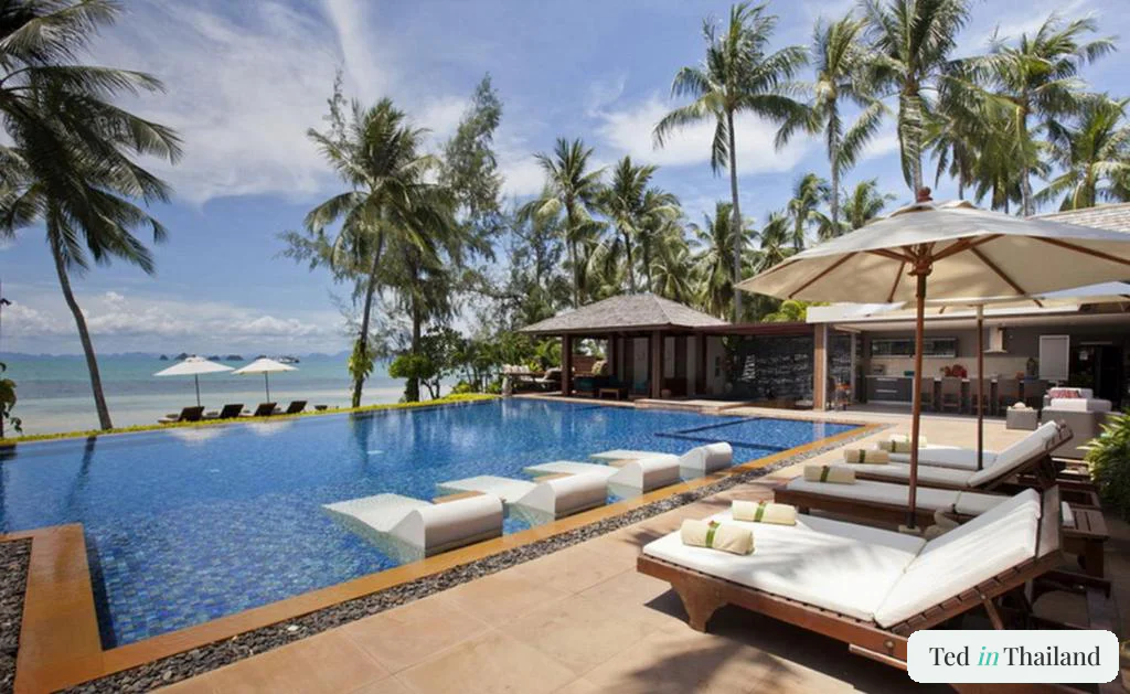 Beachfront infinity pool and shaded sala at Baan Kilee private villa on Lipa Noi facing the Five Islands
