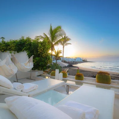 Sunset view from a beachfront lounge area with white chairs, palm trees, and cactus plants.
