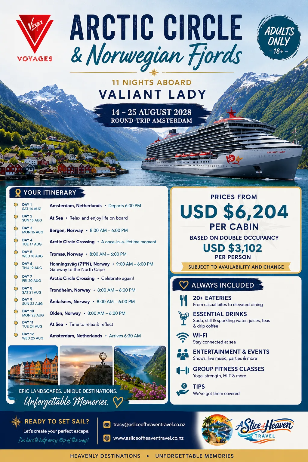 Virgin Voyages Arctic Circle cruise aboard Valiant Lady from Amsterdam, 14-25 August 2028, adults only, 11 nights.