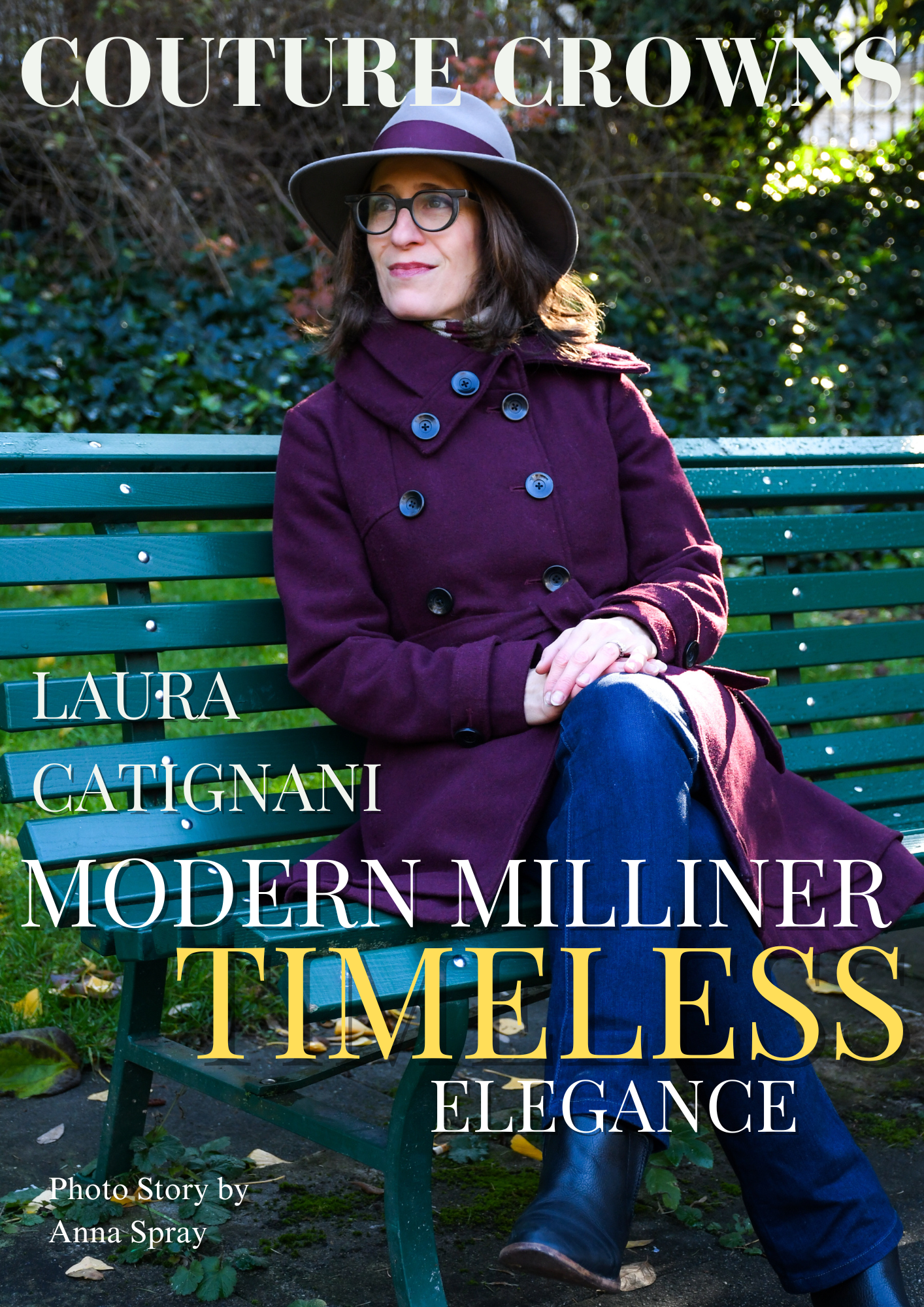 Woman wearing a gray hat and purple coat sitting on a green park bench outdoors.