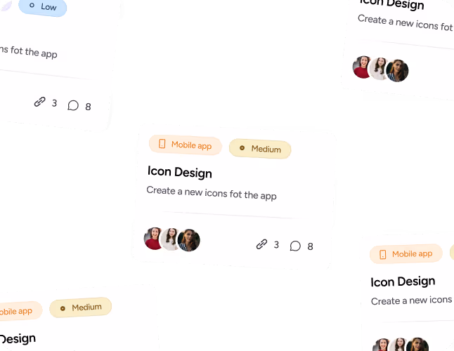 Multiple cards entitled 'Icon Design' showing 'Mobile app' and 'Medium' tags with avatars of three people and icons for links and comments.