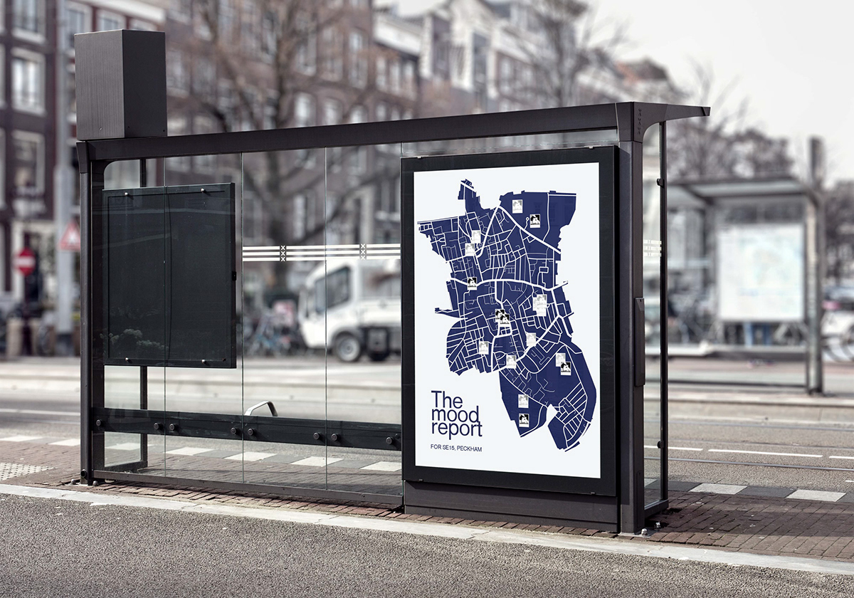 Mockup of The Mood Report public display at a bus stop