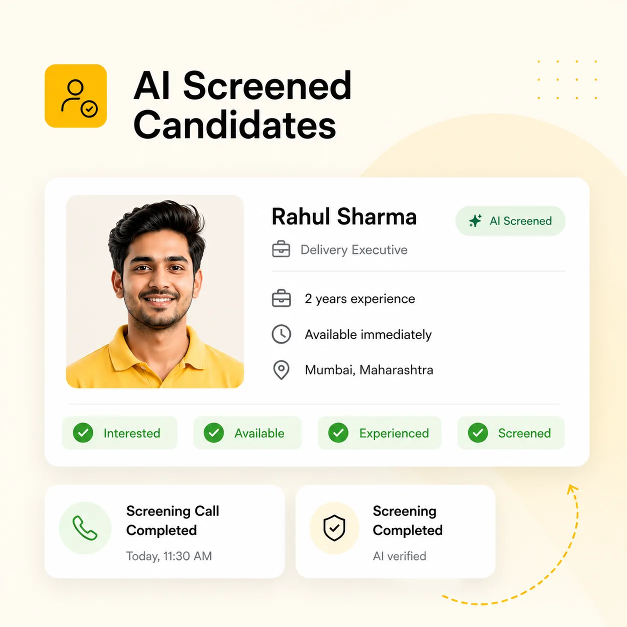 Profile of Rahul Sharma, delivery executive from Mumbai with 2 years experience, AI screened and available.
