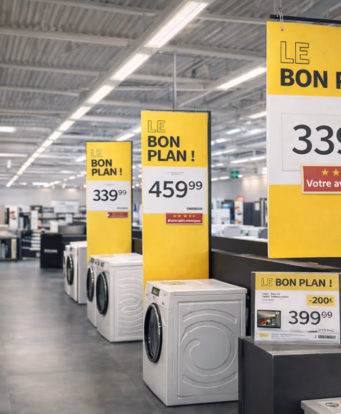 Lave-linges blancs avec affiches jaunes indiquant des promotions de prix dans un magasin.