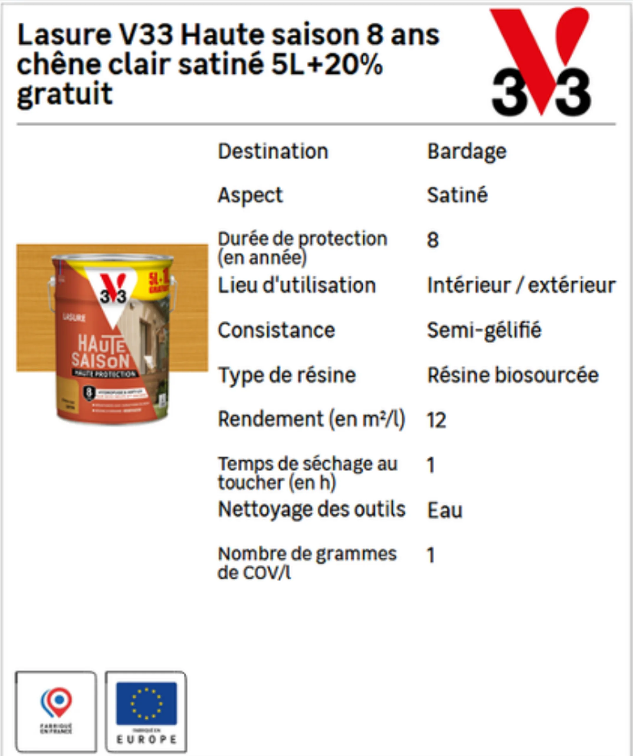 Fiche technique produit avec caractéristiques et pictogrammes renseignés automatiquement