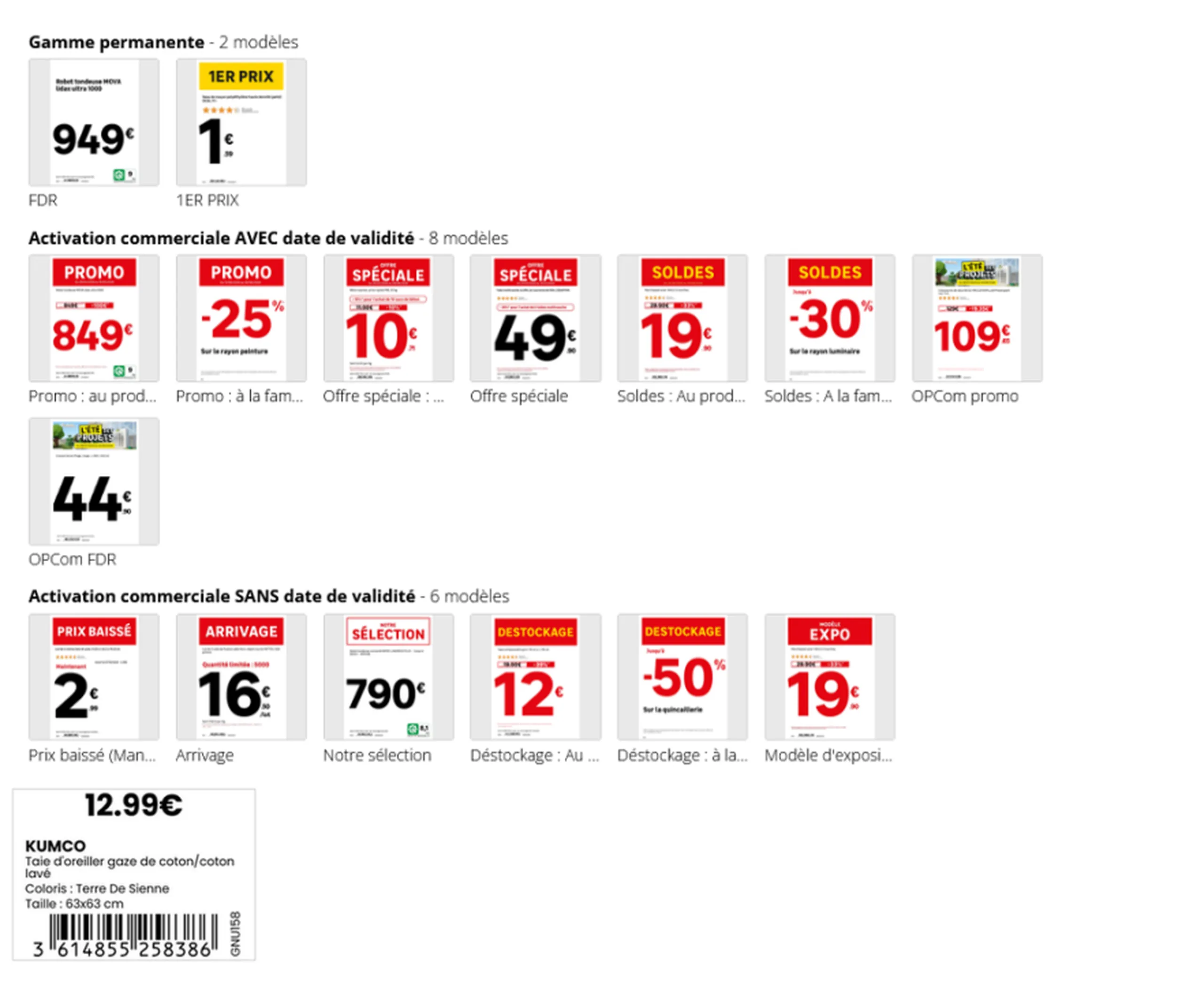 Catalogue de modèles d'affiches prix pour gamme permanente et activation commerciale