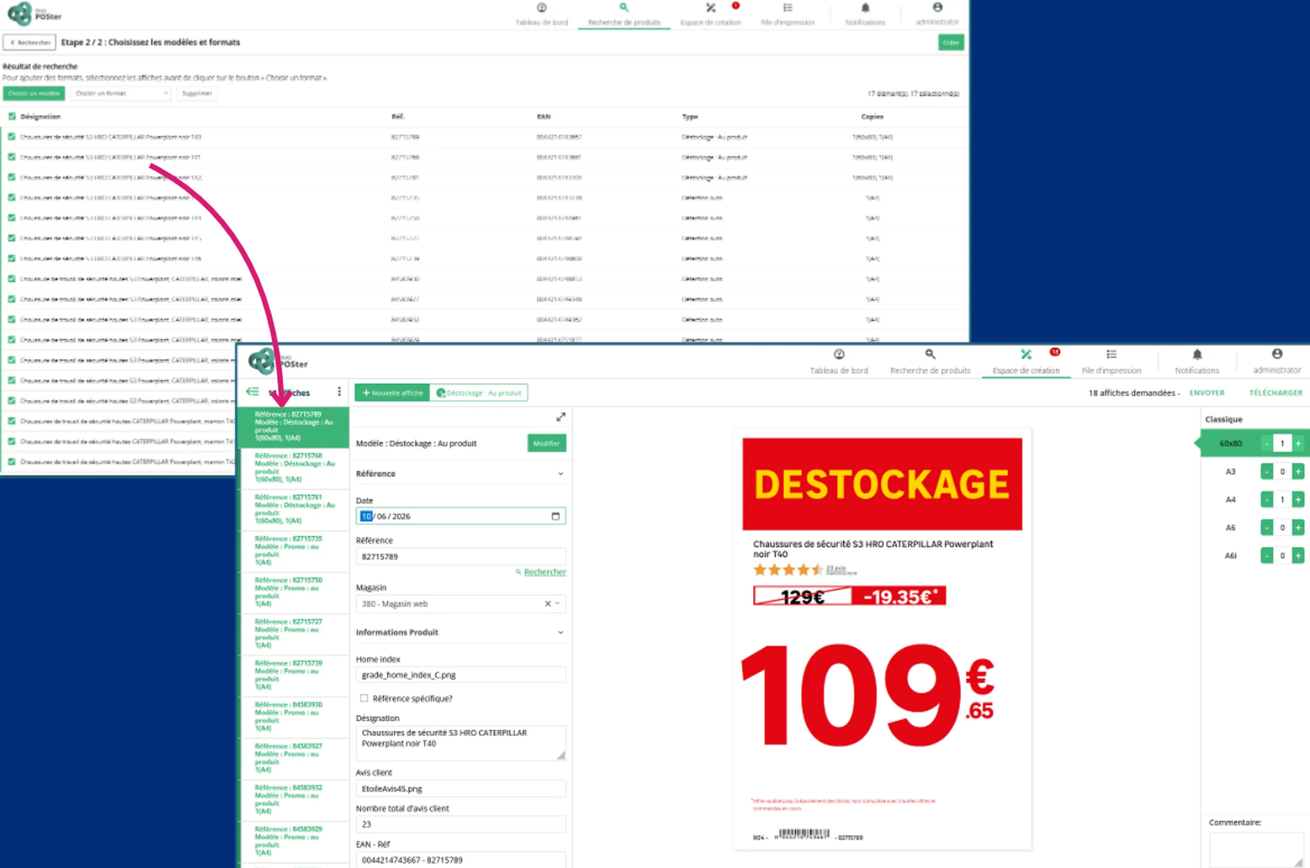 Liste de produits sélectionnés et affiche générée automatiquement pour une création en masse