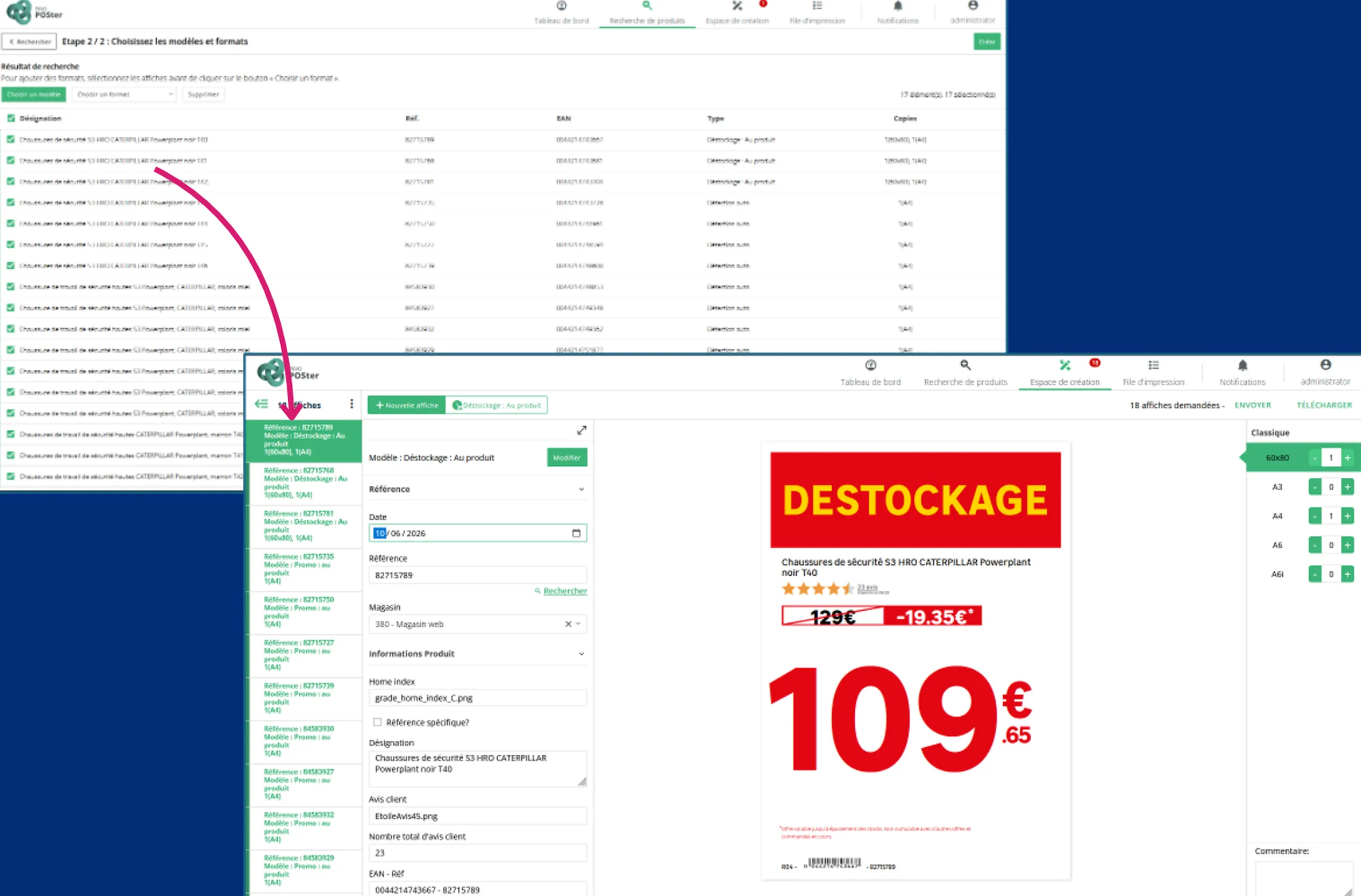 List of selected products and a sign generated automatically during bulk creation
