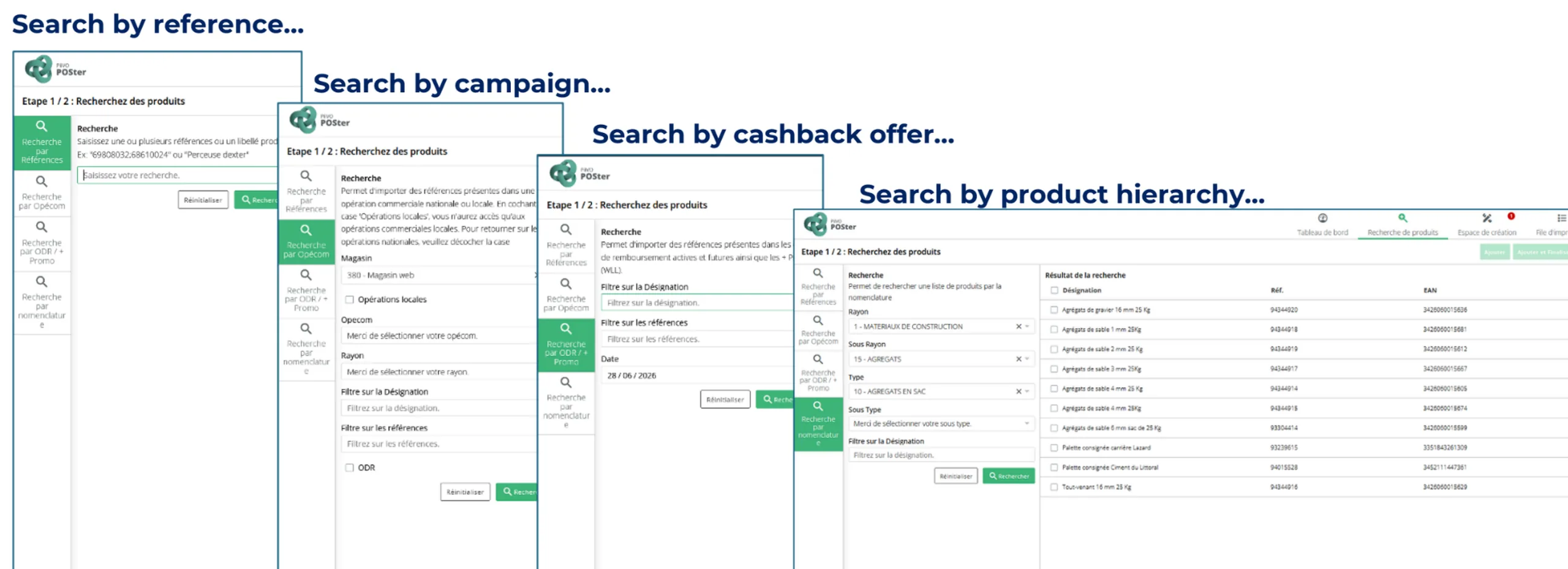 Product search screens by reference, campaign, cashback offer and product hierarchy