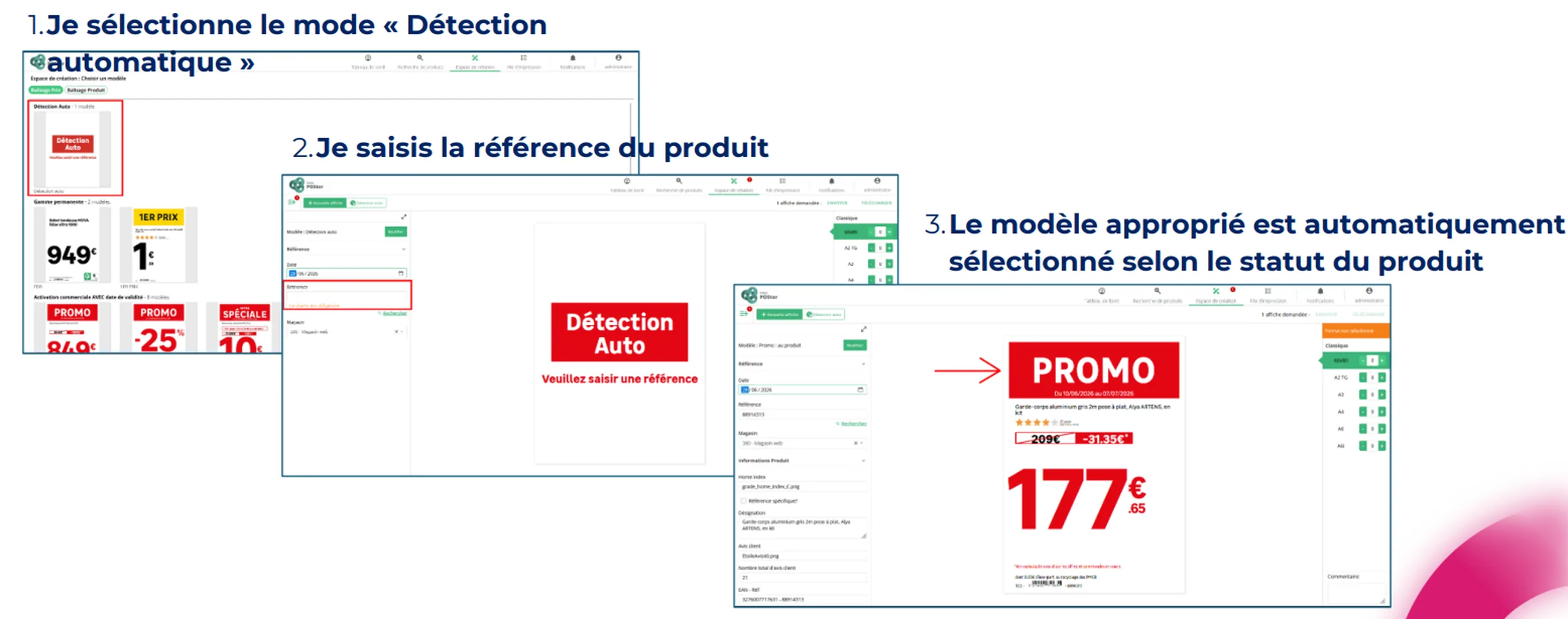 Trois étapes de création automatique d'une affiche prix à partir de la référence d'un produit