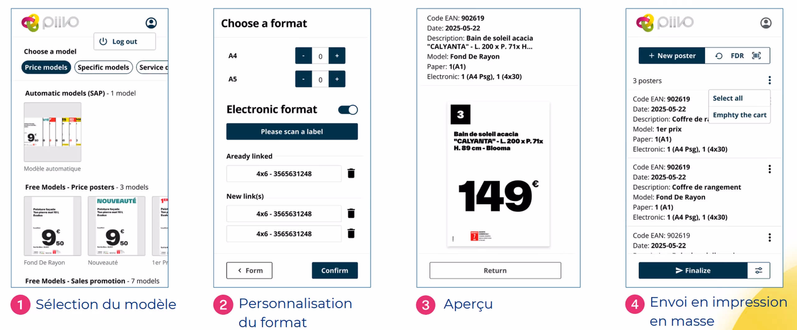 Quatre écrans d'application mobile pour créer et imprimer une affiche prix depuis le rayon