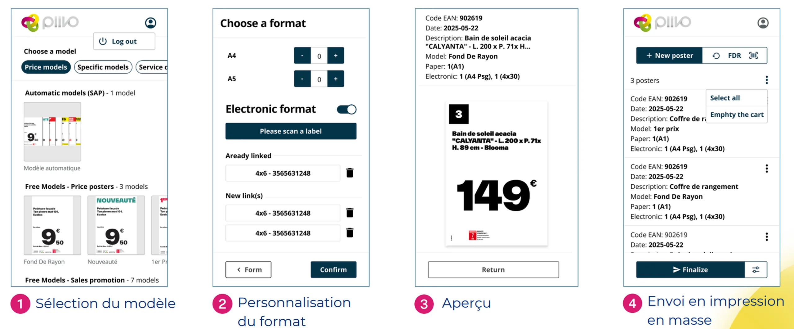 Quatre écrans d'application mobile pour créer et imprimer une affiche prix depuis le rayon