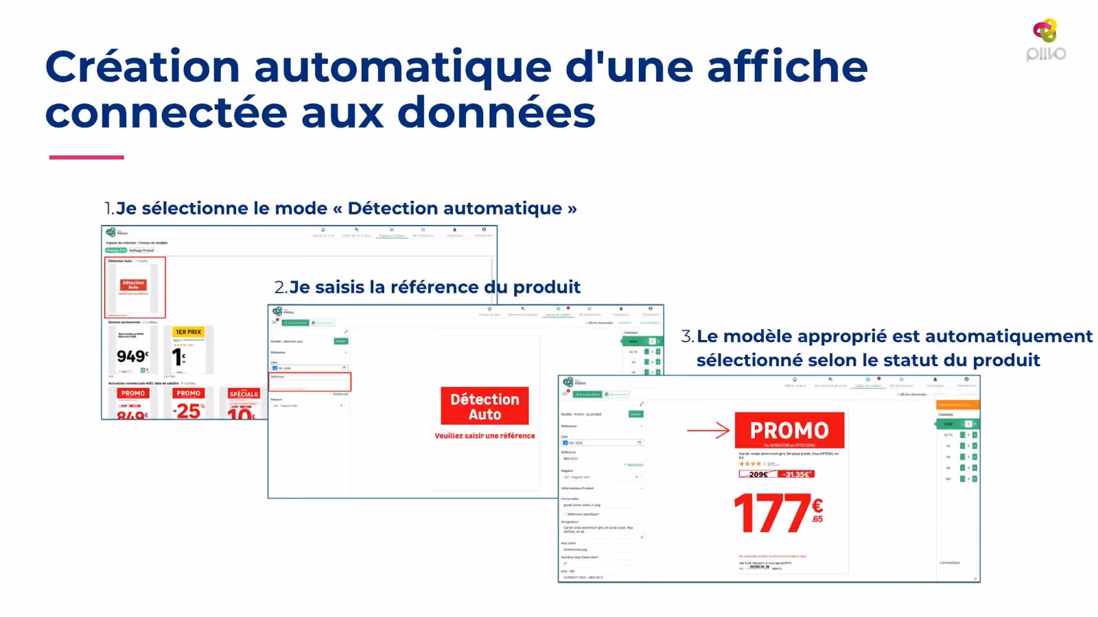 Trois étapes de création automatique d'une affiche prix à partir de la référence d'un produit